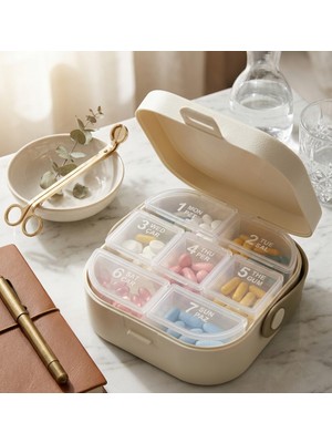 Kutu Çantalı Hap Kutusu (7 Günlük= 2+2+3 Şeffaf Plastik ) (Taşıma Kulplu) 9X9CM & Y:3.7cm )