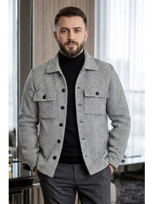 Zueofficial Erkek Kaşe Dokulu Gri Çizgili Gömlek Ceket