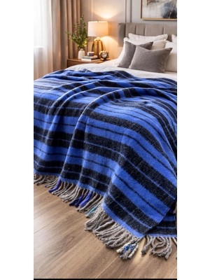 Özyün  %100 Doğal Tek Kişilik Yün Battaniye 160 x 220 cm – Kalın Dokulu Ekose – Siyah Lacivert – Kışlık Battaniye-Nefes Alır Terletmez