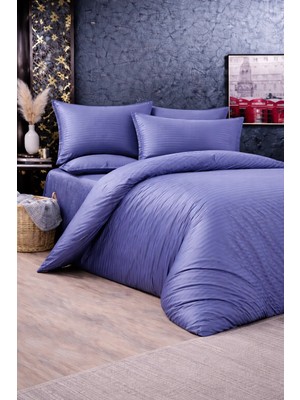 Vionetta Pamuk Saten İndigo Çizgili Otel Serisi Lastikli Çarşaflı Çift Kişilik Nevresim Takımı