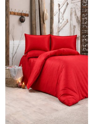 Vionetta Pamuk Saten Kırmızı Çizgili Otel Serisi Lastikli Çarşaflı Çift Kişilik Nevresim Takımı