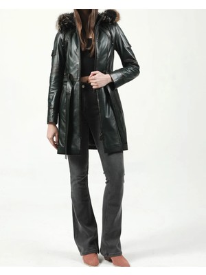  hakiki deri kaban trençkot kapşonlu gerçek kürk deri kaban