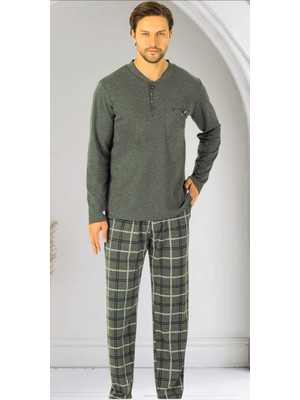 Erse %100 Pamuk Altı Kareli Interlok Erkek Pijama Takımı Koyu Yeşil