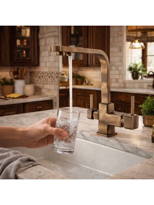 Rena Design Antik Eskitme Arıtmalı Mutfak Eviye Bataryası 3 Yollu Kare Mutfak Musluk Prinç Garantili Armatür