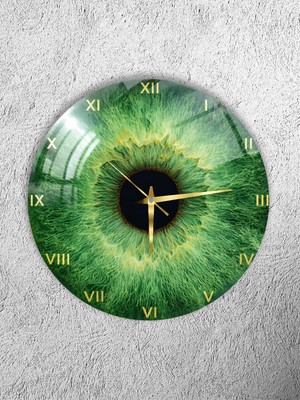 Olinpa Kırılmaz Cam Duvar Saati , Hem Tablo Hem Saat Yuvarlak Yeşil Göz Temalı Ev Ofis Hediyesi