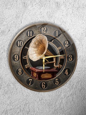 Olinpa Kırılmaz Cam Duvar Saati , Hem Tablo Hem Saat Yuvarlak Müzik Gramofon Temalı Ev Ofis Hediyesi