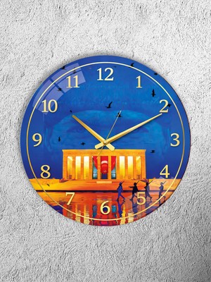 Olinpa Kırılmaz Cam Duvar Saati , Hem Tablo Hem Saat Yuvarlak Anıtkabir Atatürk Temalı Ev Ofis Hediyesi