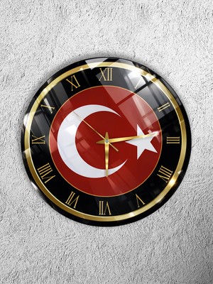 Olinpa Kırılmaz Cam Duvar Saati , Hem Tablo Hem Saat Yuvarlak Ay Yıldız Türk Bayrağı Tasarım  Saat Ofis Hediyesi