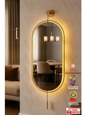 Wallover Design Büyük Boy 30X80 Serenity Gold Kablosuz Pilli Led’li Dekoratif Ayna – Modern Duvar Aynası, Dresuar Aynası
