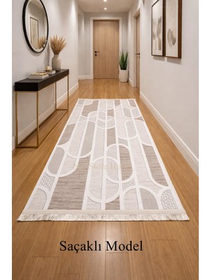 NarStore Home Kaymaz Taban Saçaklı Krem Bej Modern Geometrik Kalın Yıkanabilir Yolluk Halı