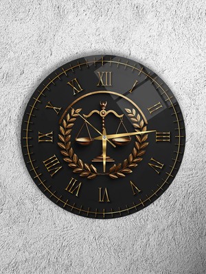 Olinpa Kırılmaz Cam Duvar Saati , Hem Tablo Hem Saat Yuvarlak Siyah Gold Adalet Terazisi Tasarım  Saat Ofis Hediyesi