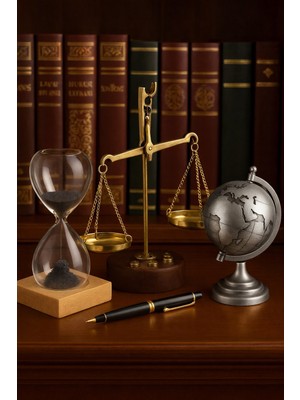 Hediye Filesi Dekoratif 3’lü Ofis Masa Seti Terazi, Manyetik Kum Saati ve Gri Metal Dünya Küresi Premium Hediye