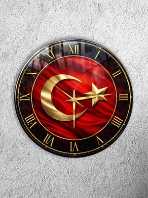 Olinpa Kırılmaz Cam Duvar Saati , Hem Tablo Hem Saat Yuvarlak Türk Bayrağı Ofis Hediyesi