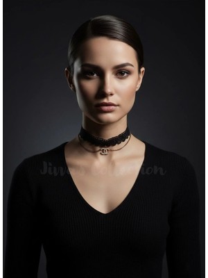 Jivva's Collection Gotik Siyah Dantel Choker. Altın Rengi Zirkon Taş Chanel Temalı Choker Ayarlanabilir Zincir