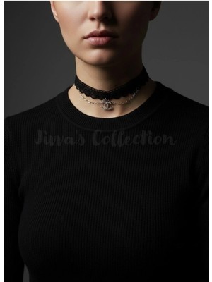 Jivva's Collection Gotik Siyah Dantel Choker. Gümüş Rengi Zirkon Taş Detaylı Chanel Temalı Choker Ayarlanabilir Zincir