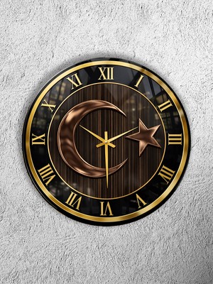 Olinpa Kırılmaz Cam Duvar Saati , Hem Tablo Hem Saat Yuvarlak Siyah Gold Al Bayrak Temalı Ev Ofis Hediyesi