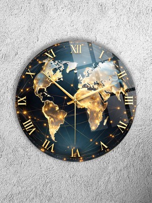 Olinpa Kırılmaz Cam Duvar Saati , Hem Tablo Hem Saat Yuvarlak Dünya Haritası Temalı Ev Ofis Hediyesi