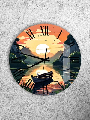 Olinpa Kırılmaz Cam Duvar Saati , Hem Tablo Hem Saat Yuvarlak Göl Sandal Temalı Ev Ofis Hediyesi