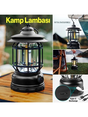 Nurcamp Dekoratif Kamp Lambası Ledli Beyaz Işıklı El Feneri Işıldak Şarjlı Portatif Gece Lamba Siyah