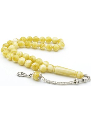 Murty99 Gümüş Kaplama Kamçılı Hareli Bej Beyrut Kehribar Tesbih 10 mm