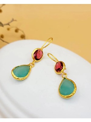 Nevoka Pembe Mint Kedi Gözü Sıvama Altın Kaplama Çift Damla Küpe