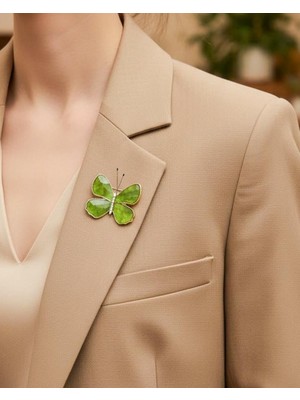 Nevoka Yağ Yeşili Gold Detaylı Kelebek Broş
