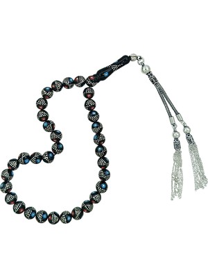 OltutaşıMarket Firuze Mercan ve Gümüş Işlemeli Bilek Boy Hakiki Erzurum Oltu Taşı Tesbih 8 mm