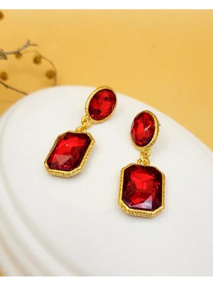 Nevoka Yakut Kırmızı Kedi Gözü Çift Taşlı Altın Kaplama Küpe