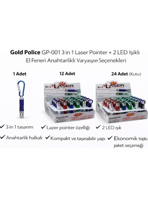 İsmiyle Al Gold Police GP-001 3 In 1 Laser Pointer + 2 LED Işıklı El Feneri Anahtarlıklı