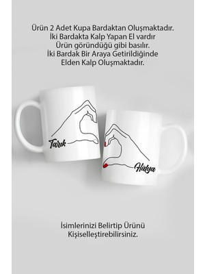 Sevgililer Günü Kişiye Özel 2’li Kupa Bardak, Elden Kalp Tasarım, Isimli Aşk Kupası