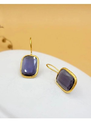 Nevoka Eflatun Kedi Gözü Sıvama Altın Kaplama Dörtgen Küpe