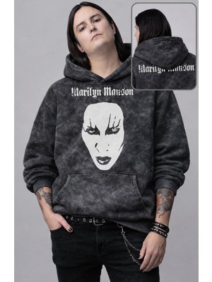 Fuddy Moda Unisex Marilyn Manson Ense Baskılı Kapüşonlu Yıkamalı Sweatshirt, Oversize Rock Band Temalı Hoodie