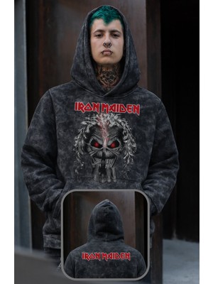 Fuddy Moda Unisex Iron Maiden Ense Baskılı Kapüşonlu Yıkamalı Sweatshirt, Oversize Rock Band Temalı Hoodie