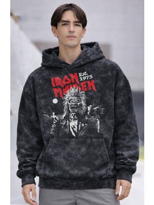 Fuddy Moda Unisex Oversize Iron Maiden Est 1975 Baskılı Kapüşonlu Yıkamalı Sweatshirt
