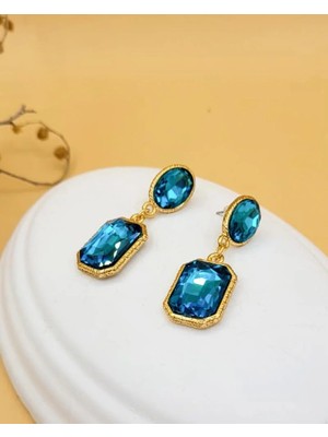 Nevoka Turkuaz Kedi Gözü Çift Taşlı Altın Kaplama Küpe