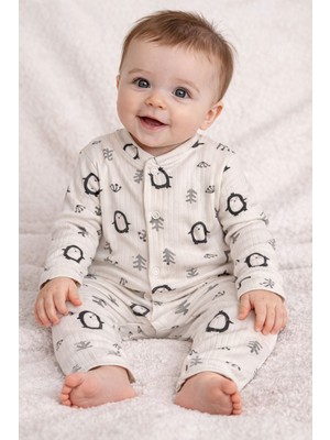 Minisoft Sevimli Penguen Desenli ve Fitilli Ribana Pamuklu Erkek Bebek Tulumu - Full Boy Çıtçıtlı