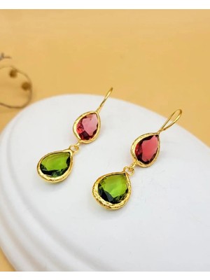 Nevoka Pembe Yeşil Kedi Gözü Sıvama Altın Kaplama Çift Damla Küpe