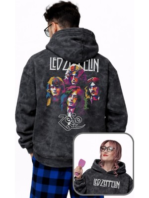 Fuddy Moda Unisex Oversize LED Zeppelin Zoso Sırt Baskılı Kapüşonlu Yıkamalı Rock Band Sweatshirt