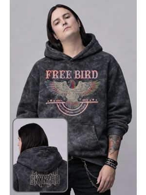 Fuddy Moda Unisex Oversize Lynyrd Skynyrd Free Bird Ense Baskılı Kapüşonlu Yıkamalı Rock Band Sweatshirt