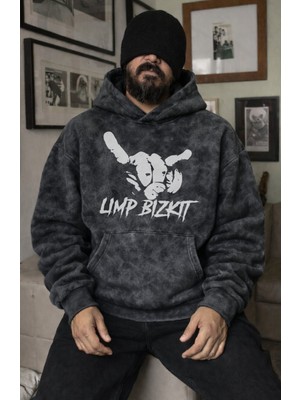 Fuddy Moda Unisex Limp Bizkit Baskılı Kapüşonlu Yıkamalı Sweatshirt, Oversize Rock Band Temalı Vintage Hoodie