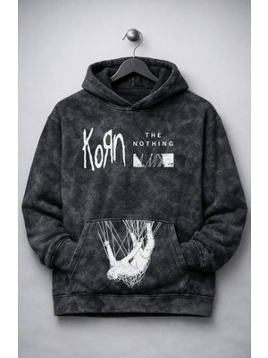 Fuddy Moda Unisex Korn The Nothing Cep Baskılı Kapüşonlu Yıkamalı Sweatshirt, Oversize Rock Band Temalı Hoodie