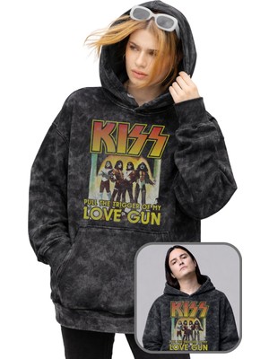 Fuddy Moda Unisex Kiss Love Gun Baskılı Kapüşonlu Yıkamalı Sweatshirt, Oversize Rock Band Temalı Retro Hoodie