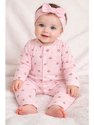 Minisoft Kız Bebek %100 Pamuk, Pembe Kiraz Desenli Kaşkore Full Çıtçıtlı Tulum