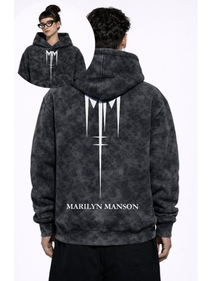 Fuddy Moda Unisex Marilyn Manson Sırt Baskılı Kapüşonlu Yıkamalı Sweatshirt, Oversize Rock Band Retro Hoodie