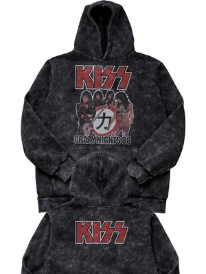 Fuddy Moda Unisex Oversize Kiss Crazy Nights 88 Ense Baskılı Kapüşonlu Yıkamalı Rock Band Sweatshirt