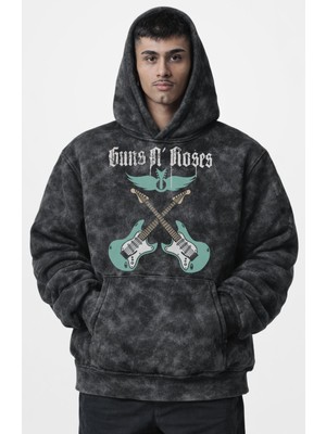 Fuddy Moda Unisex Guns N' Roses Guitar Baskılı Kapüşonlu Yıkamalı Sweatshirt, Oversize Rock Band Retro Hoodie