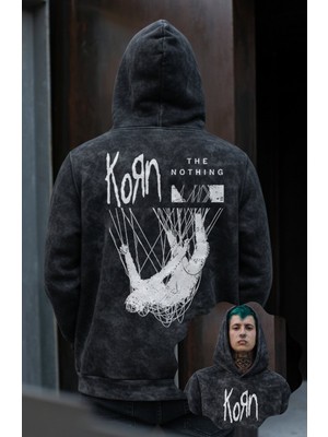 Fuddy Moda Unisex Korn Sırt Baskılı Kapüşonlu Yıkamalı Sweatshirt, Oversize Rock Band Temalı Vintage Hoodie