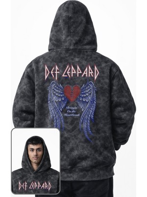 Fuddy Moda Unisex Oversize Rock Band Def Leppard Angel Sırt Baskılı Kapüşonlu Yıkamalı Vintage Sweatshirt
