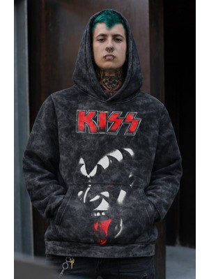 Fuddy Moda Unisex Kiss Mega Baskılı Kapüşonlu Yıkamalı Sweatshirt, Oversize Rock Band Temalı Retro Hoodie