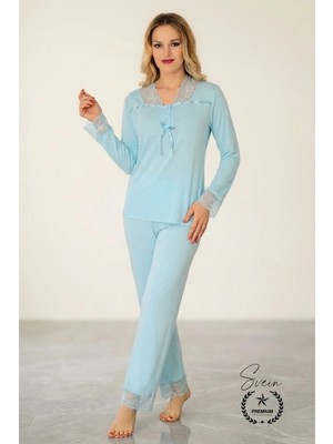 Svein #pijama Turkuaz Saten Kadın Pijama Takımı Rahat Ev Giyim Günlük ve Çeyizlik Nefes Alabilen Yumuşak